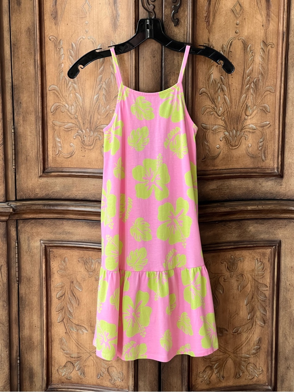 Zara Girls NWOT Pink & Lime Green Hibiscus Floral Spaghetti-Strap Sundress S 10